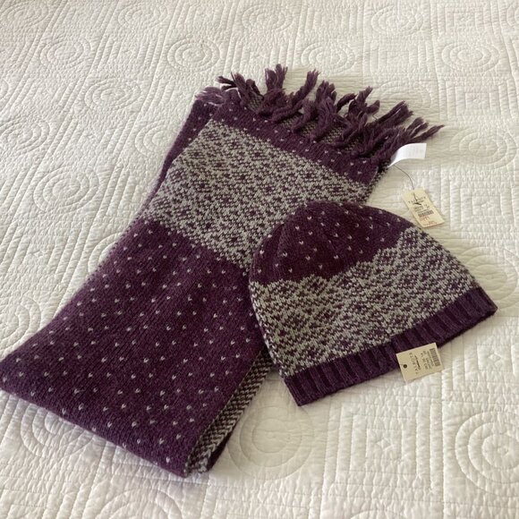 NWT Talbots Knit Hat & Scarf Set Purple Pattern Wool Blend - Picture 2 of 11